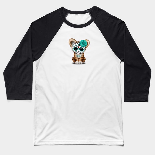 Blue Day of the Dead Sugar Skull Tiger Cub Baseball T-Shirt by jeffbartels